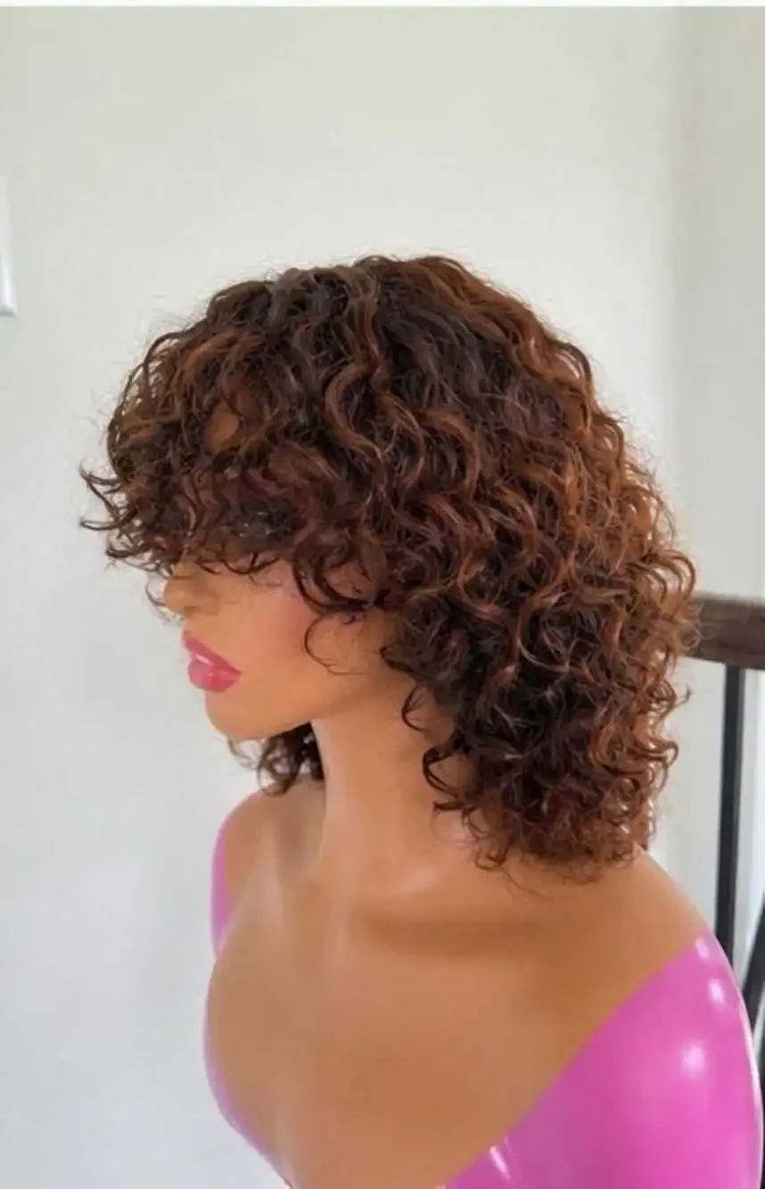 SA Curls Human Hair Wig with Bangs: honey caramel Color, full Density